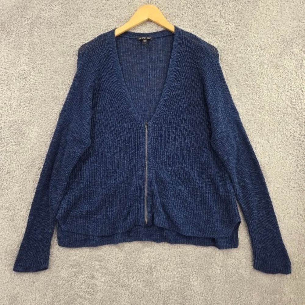 Eileen Fisher V-Neck Zip Front Cardigan Large Navy Blue Organic Linen Cotton